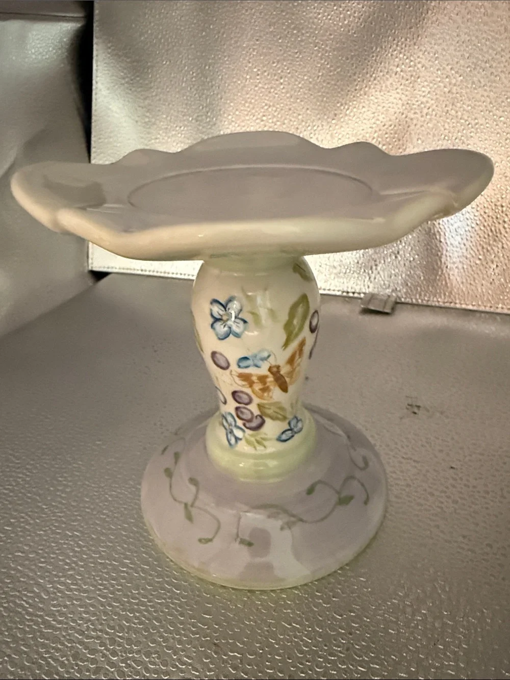 Hand-Painted Floral Ceramic Pillar Candle Holder in Soft Pastels